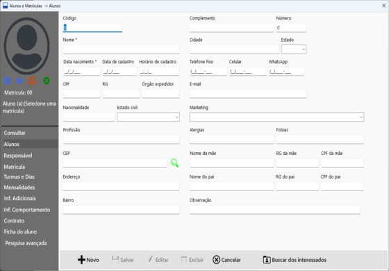 Tela de matrículas cadastro do aluno